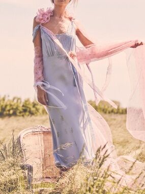 Rare Loveshackfancy Lace Trimmed Silk Satin Blue Flowy Dress